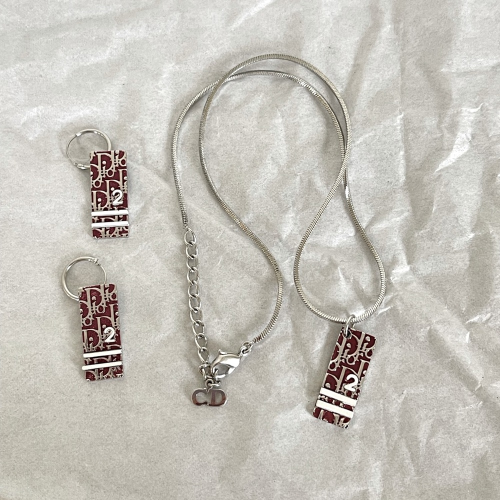 Dior trotter dog tag Necklace + Earrings Set red No. 2 monogram Y2K Oblique